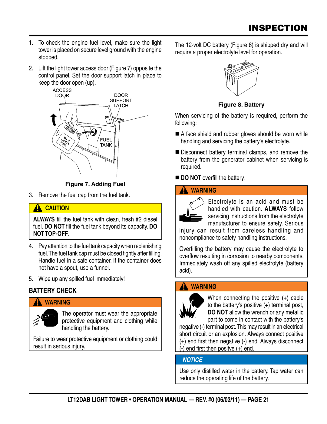 Multiquip LT12DAB operation manual Battery Check, Wipe up any spilled fuel immediately 