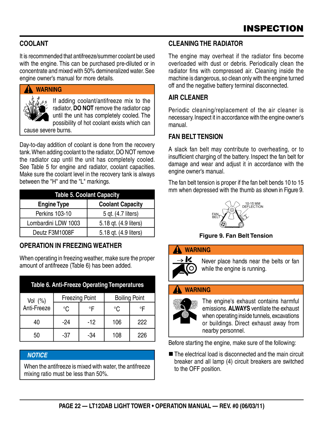 Multiquip LT12DAB Coolant, Operation in Freezing Weather, Cleaning the Radiator, Air Cleaner Fan Belt Tension 