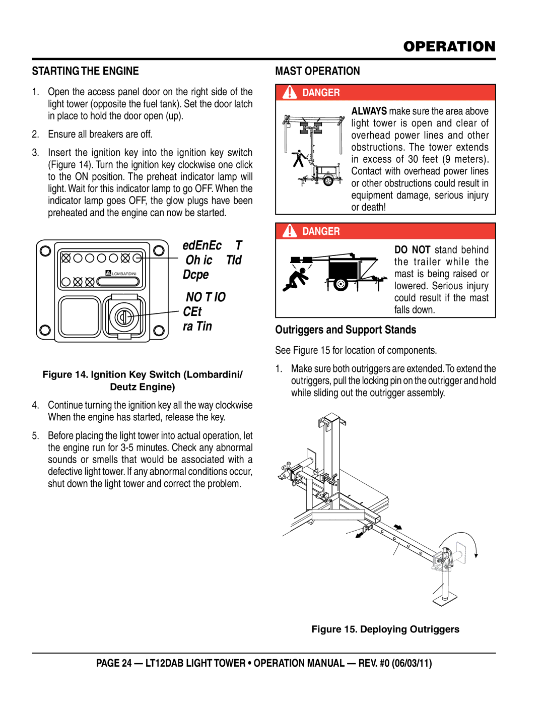 Multiquip LT12DAB operation manual Operation, Starting the Engine, Mast operation, Outriggers and Support Stands 