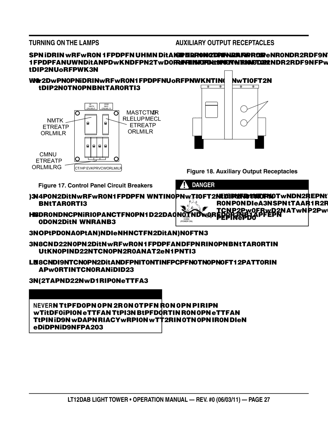 Multiquip LT12DAB operation manual Turning On the Lamps, AUXILIARY Output Receptacles 