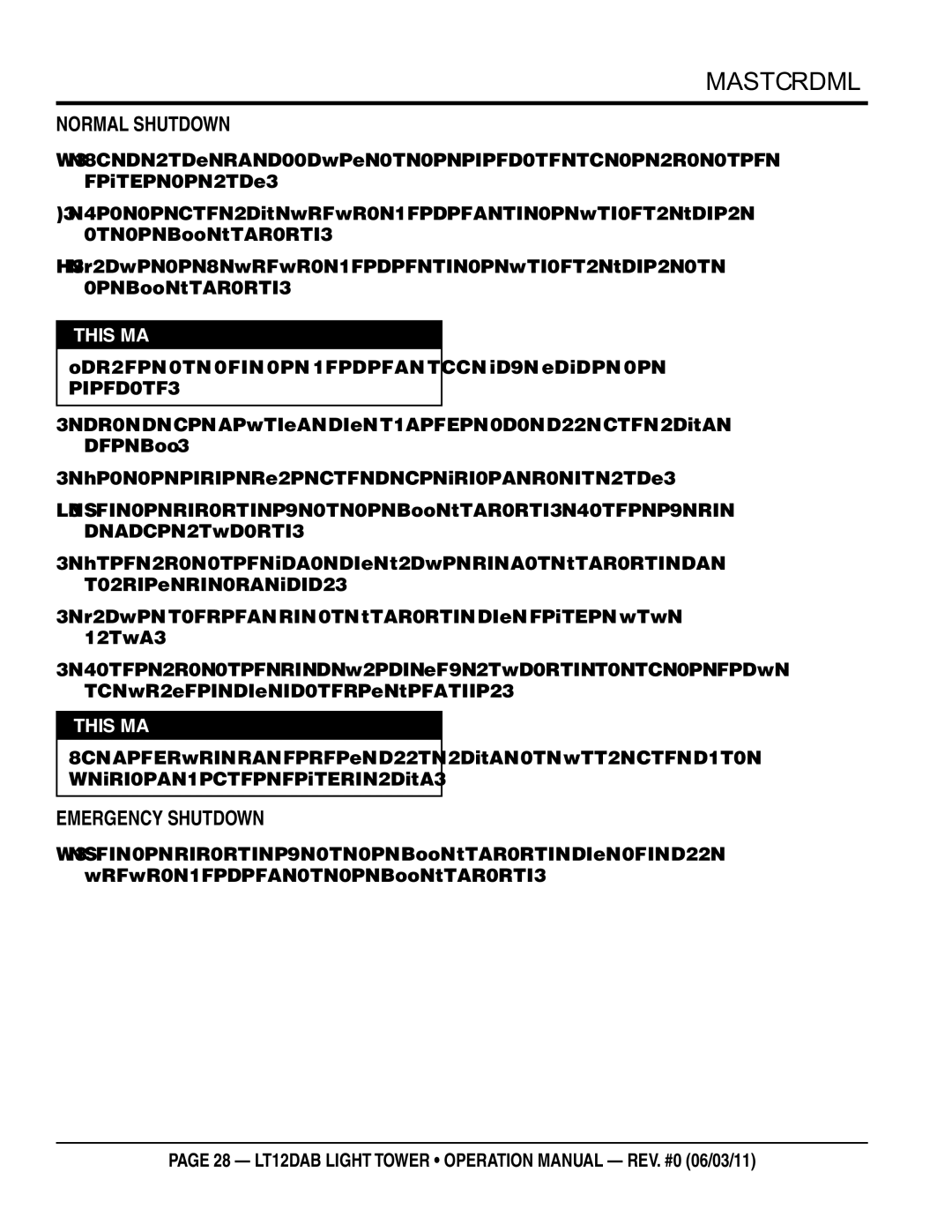 Multiquip LT12DAB operation manual Normal Shutdown, Emergency Shutdown 