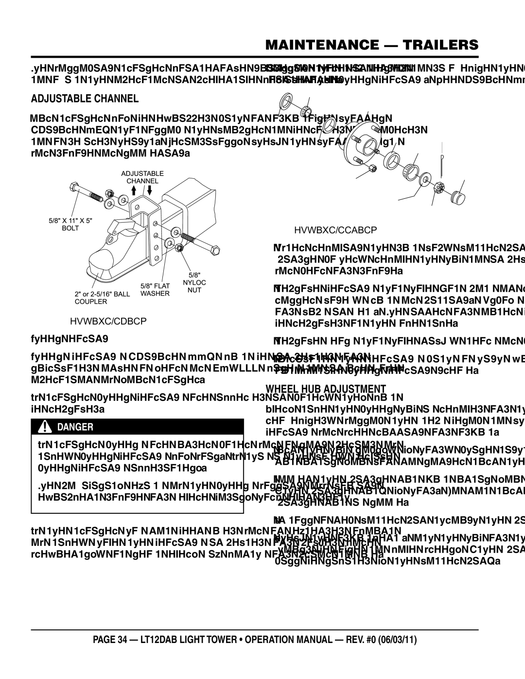 Multiquip LT12DAB operation manual Maintenance Trailers, Adjustable Channel, Wheel Hub Adjustment 