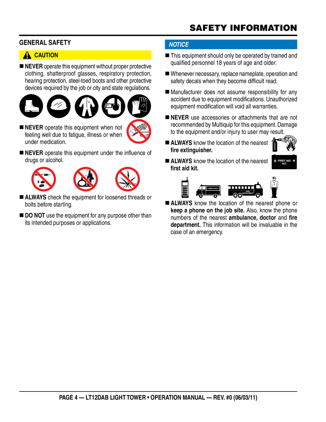 Multiquip LT12DAB operation manual GeneRaL SaFeTY 