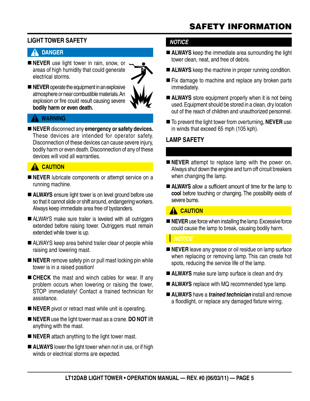 Multiquip LT12DAB operation manual LIgHT TOWeR SaFeTY, Lamp SaFeTY 