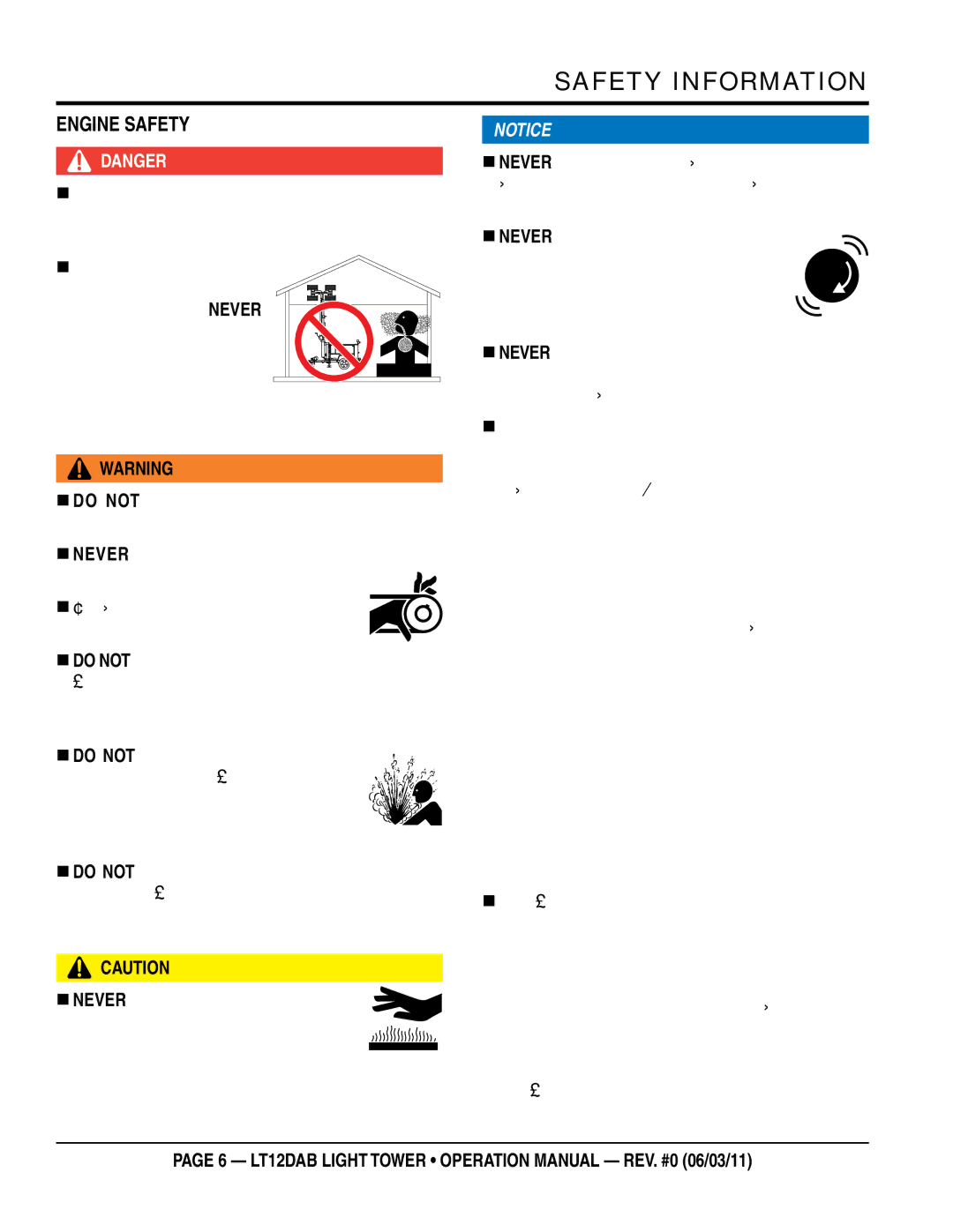 Multiquip LT12DAB operation manual EngIne SaFeTY, „ The engine of this equipment Requires an adequate free 