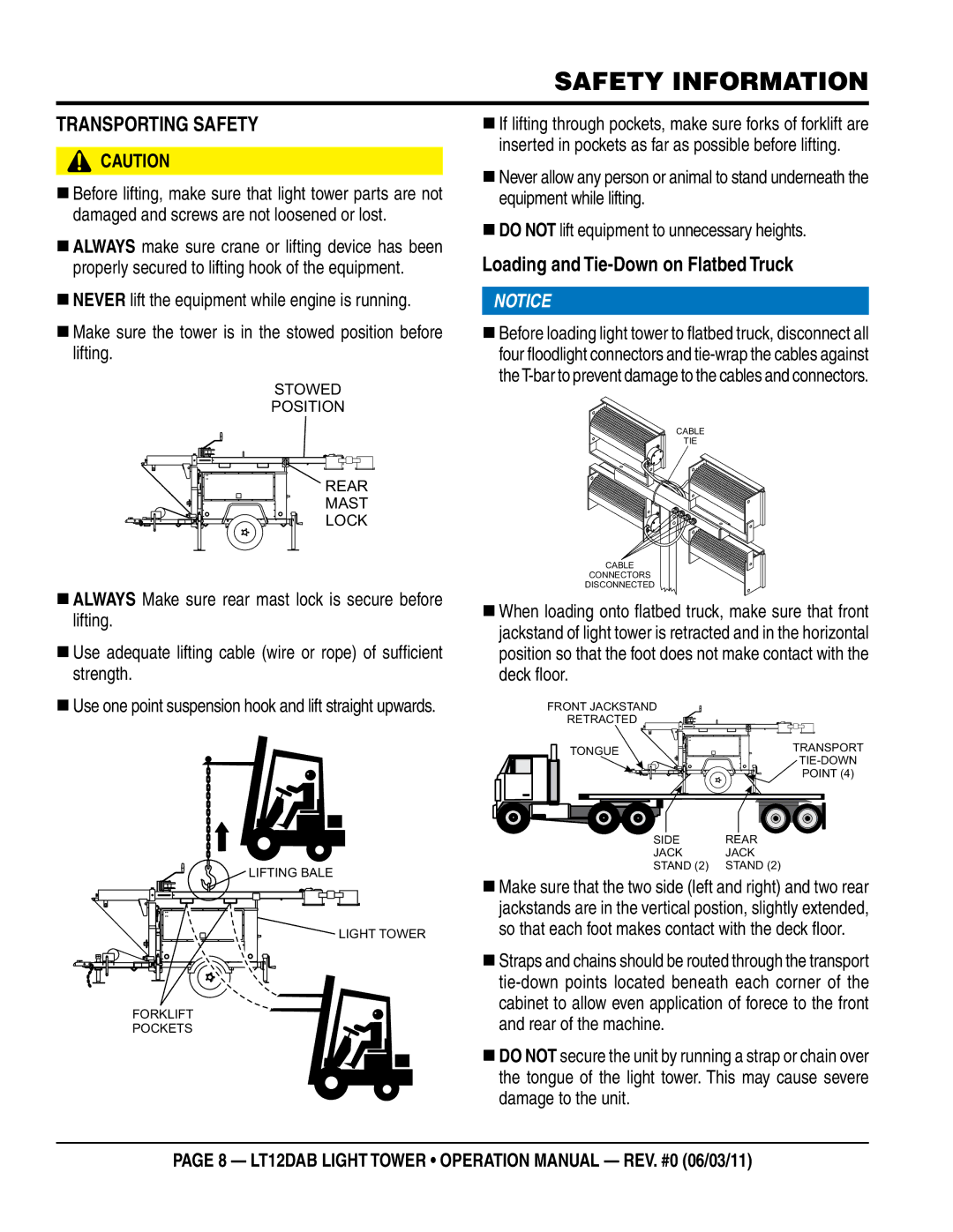 Multiquip LT12DAB operation manual TRanSpORTIng SaFeTY, Loading and Tie-Down on Flatbed Truck 