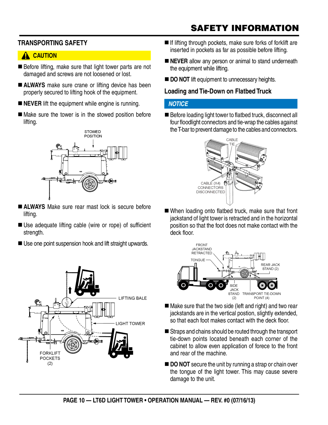 Multiquip LT6D operation manual TRanspORTIng saFeTY, Loading and Tie-Down on Flatbed Truck 