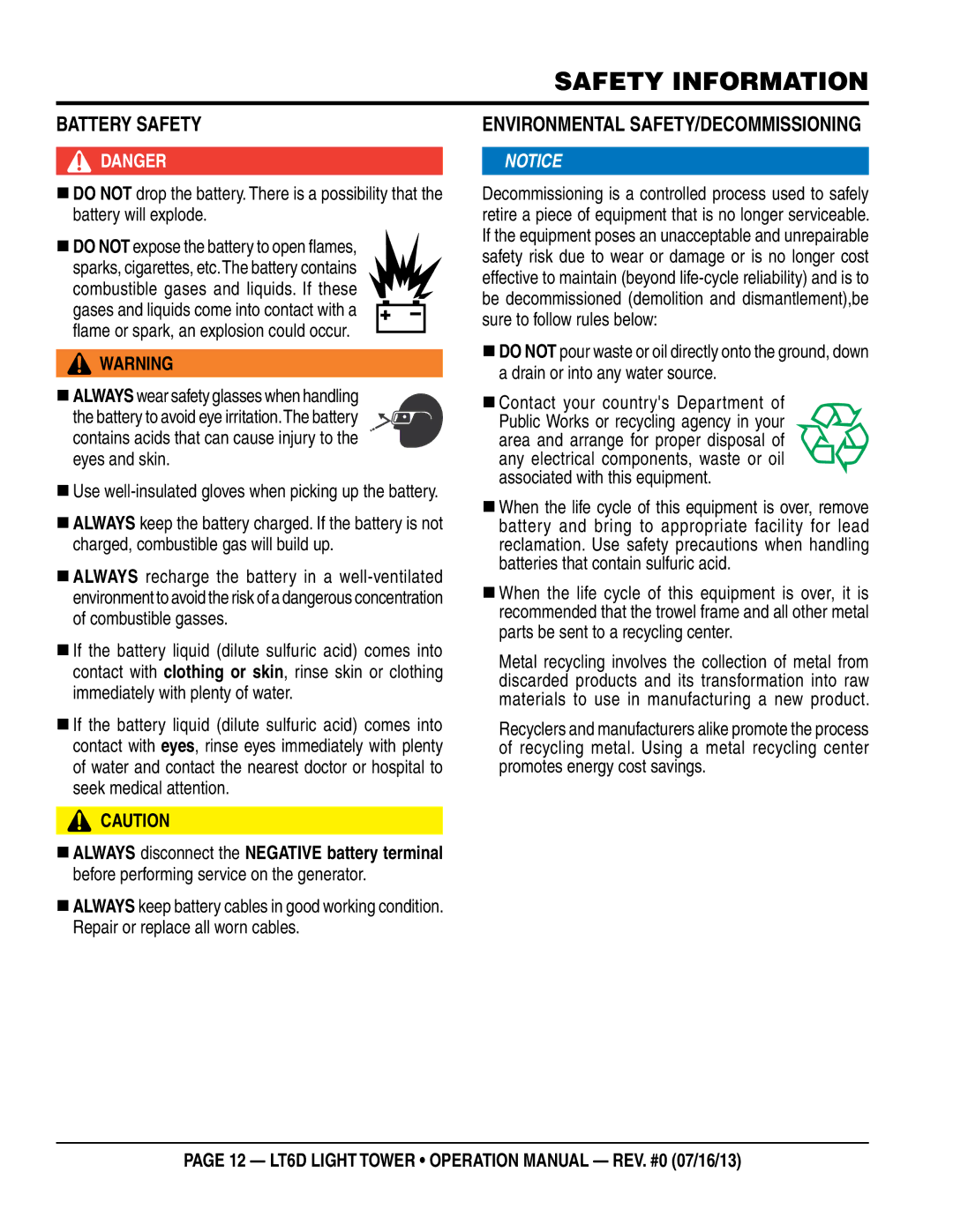 Multiquip LT6D operation manual BaTTeRY saFeTY, EnvIROnmenTaL saFeTY/DeCOmmIssIOnIng 