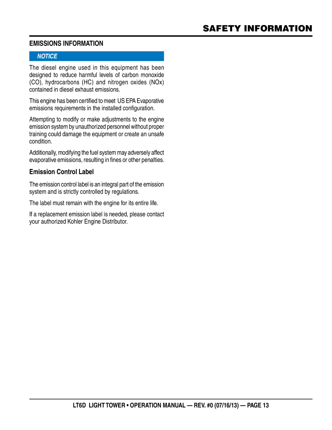 Multiquip LT6D EmIssIOns InFORmaTIOn, Emission Control Label, Label must remain with the engine for its entire life 