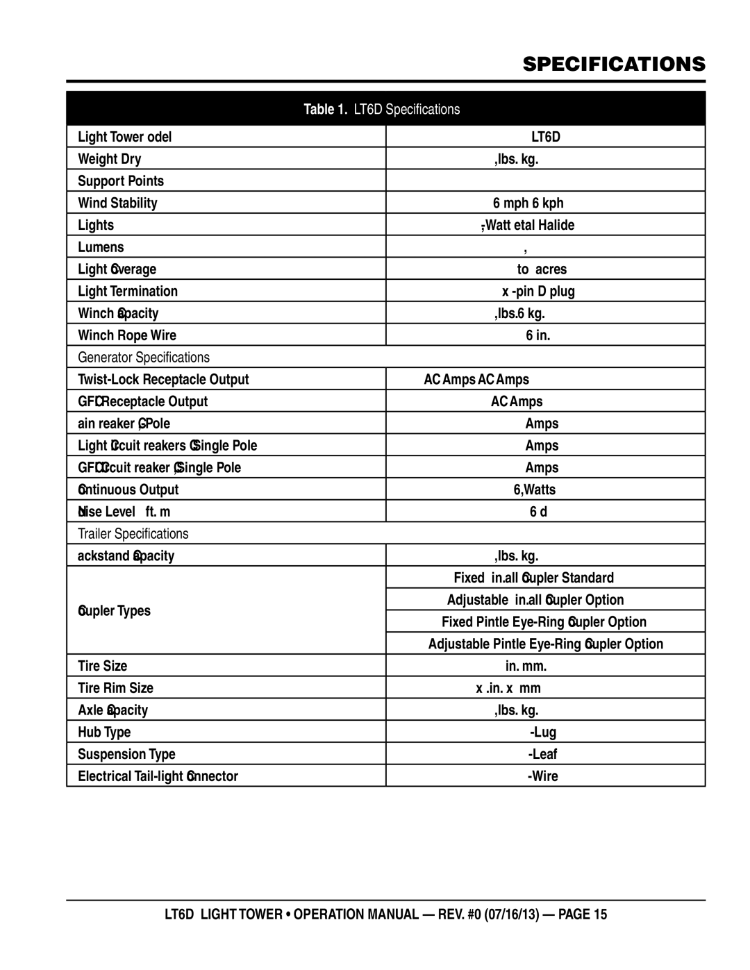 Multiquip operation manual LT6D Specifications, Generator Specifications, Trailer Specifications 