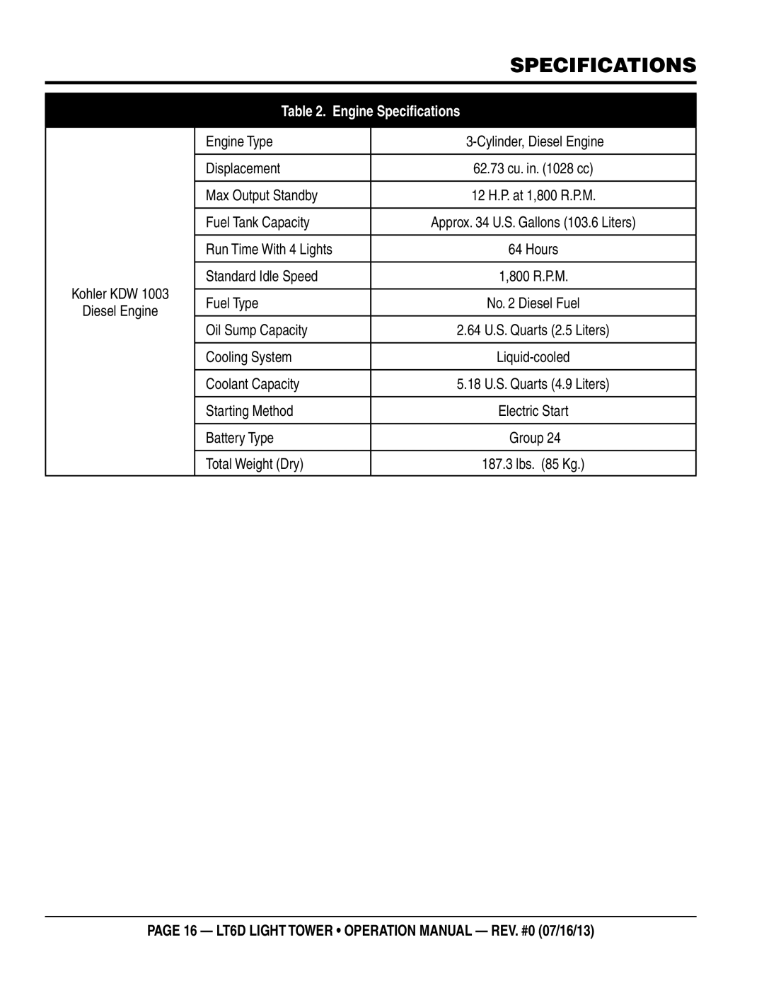 Multiquip LT6D operation manual Engine Specifications 