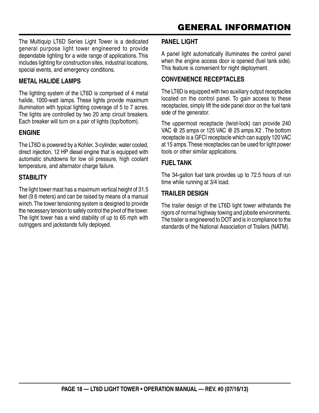 Multiquip LT6D operation manual General information, Metal Halide Lamps 