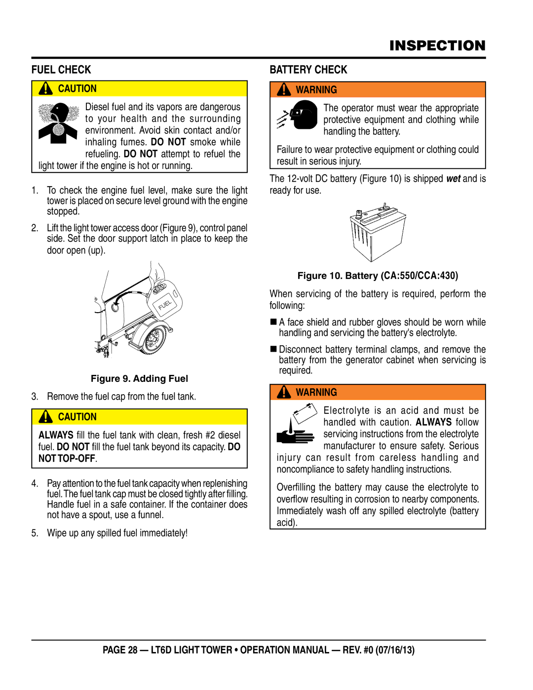 Multiquip LT6D operation manual Fuel Check, Battery Check, Wipe up any spilled fuel immediately 