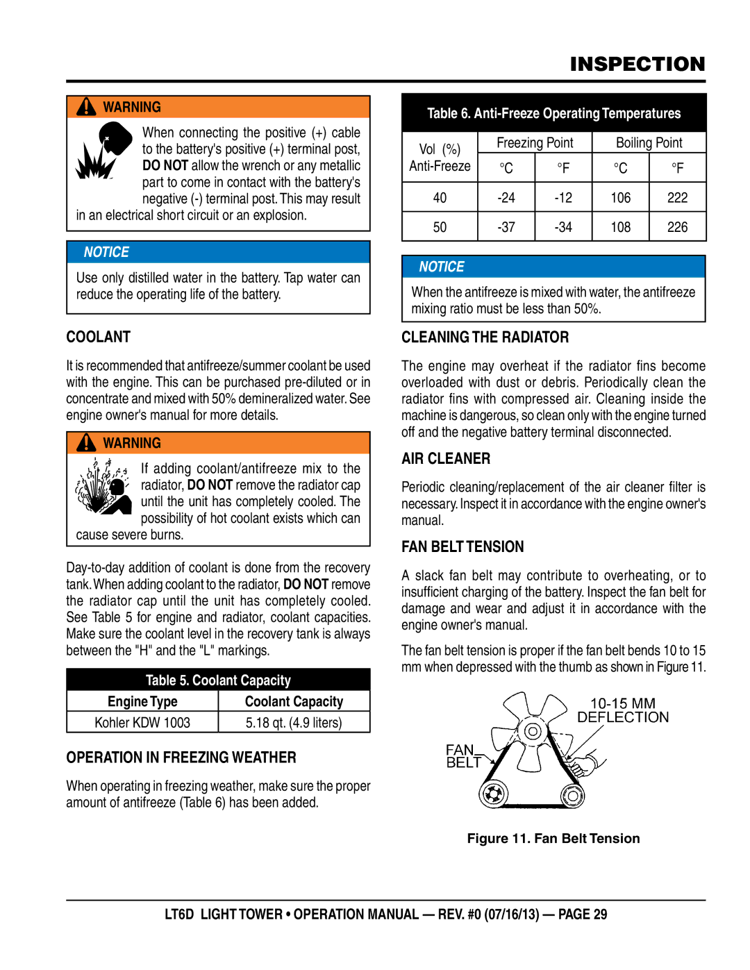 Multiquip LT6D operation manual Coolant, Operation in Freezing Weather, Cleaning the Radiator, Air Cleaner Fan Belt Tension 