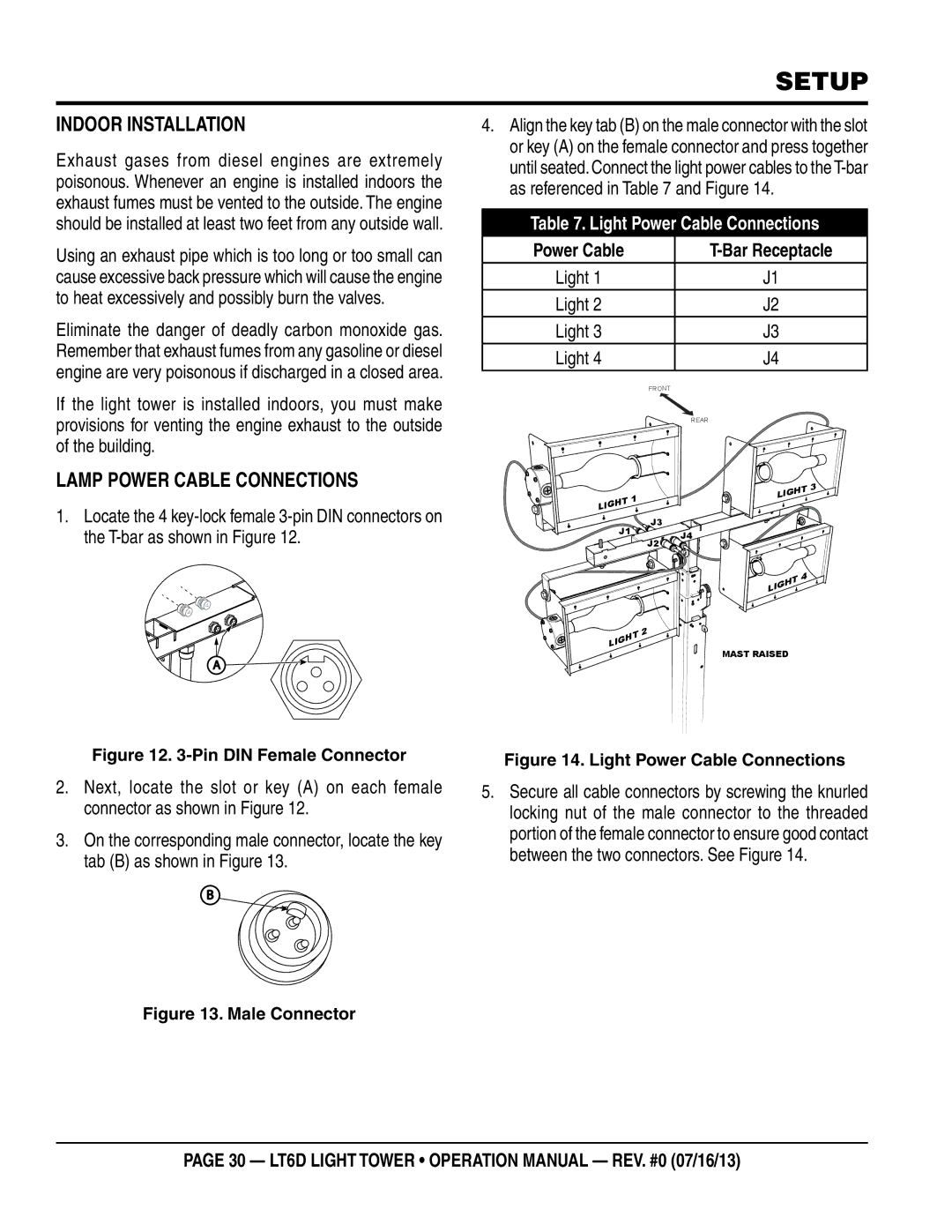 Multiquip LT6D operation manual Setup, Indoor Installation, Lamp power cable connections, Light Power Cable Connections 