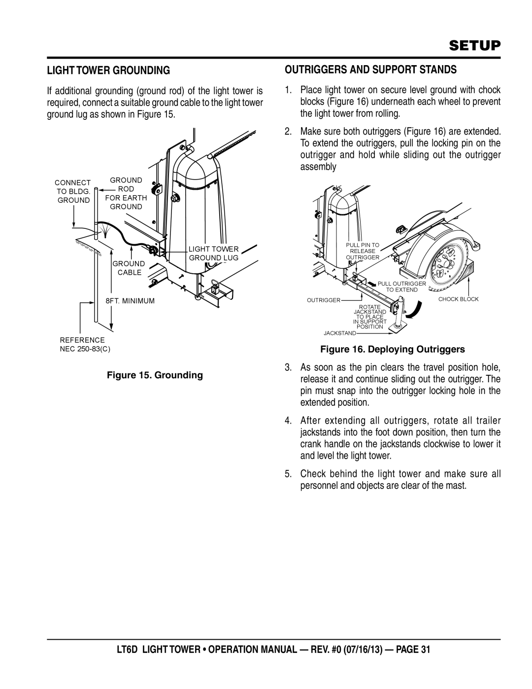 Multiquip LT6D operation manual Light tower grounding, Outriggers and Support Stands, Light tower from rolling 