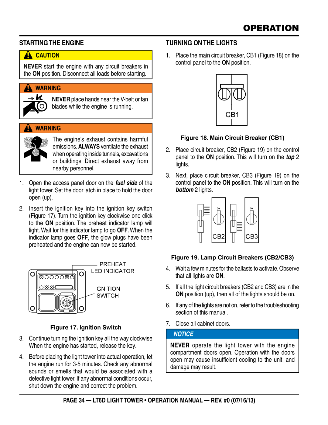 Multiquip LT6D operation manual Operation, Starting the Engine, Turning On the Lights 