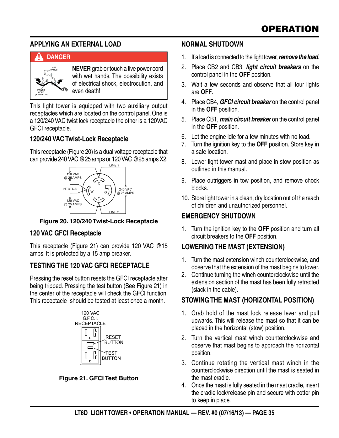 Multiquip LT6D Applying an External Load, 120/240 VAC Twist-Lock Receptacle, VAC Gfci Receptacle, Normal Shutdown 