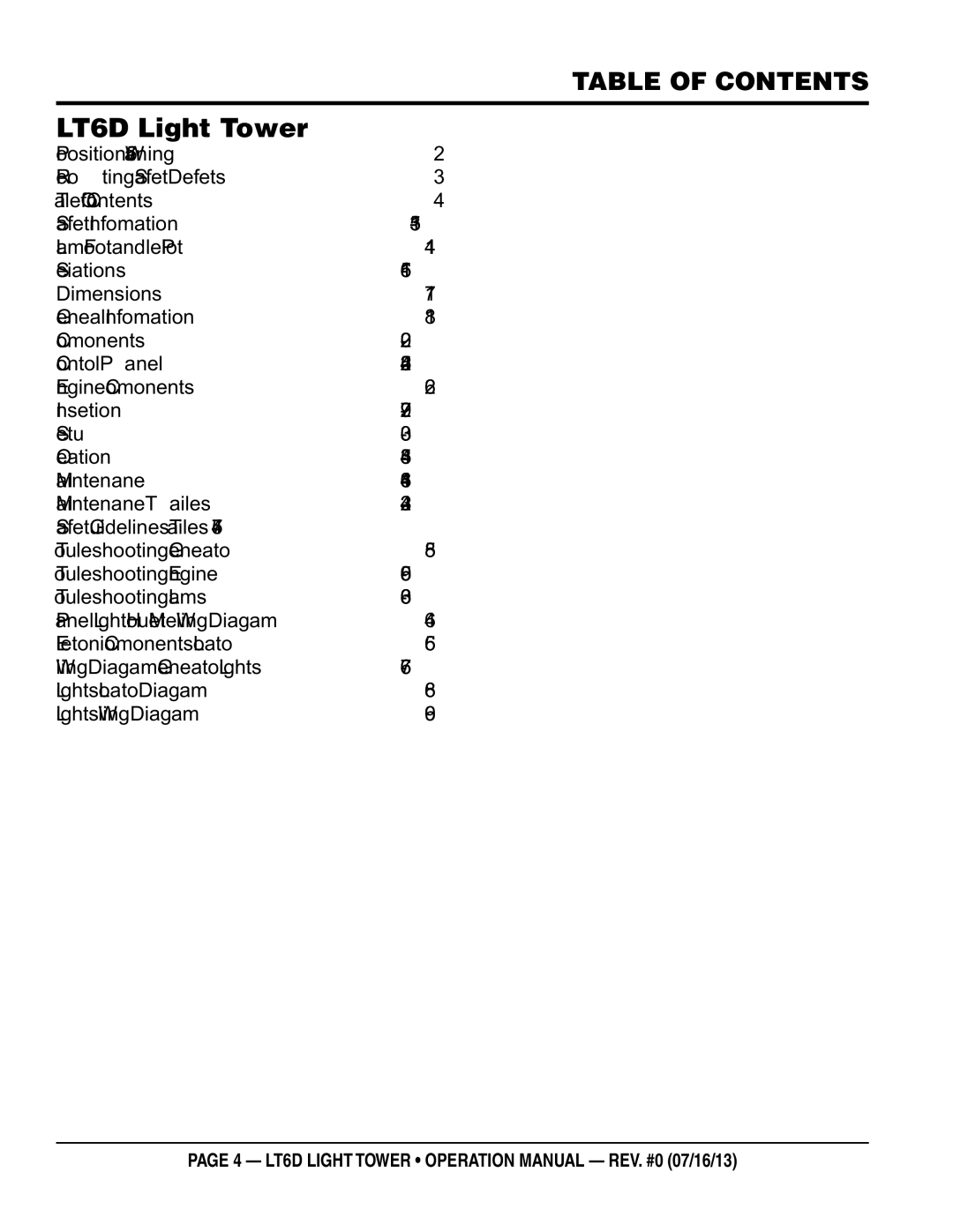 Multiquip operation manual LT6D Light Tower, Table of Contents 