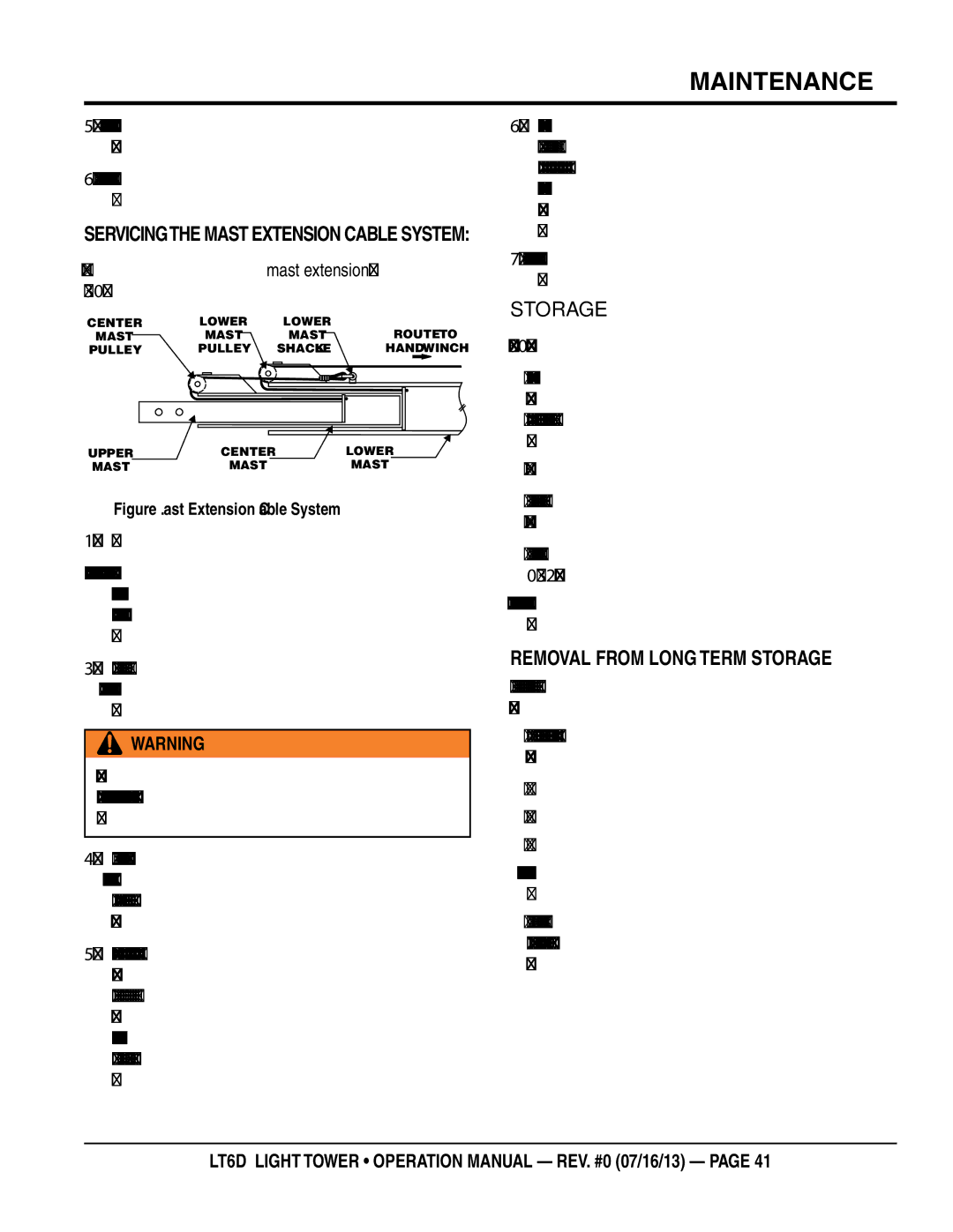Multiquip LT6D operation manual Servicingthe Mast Extension Cable System, Removal From Long Term Storage 