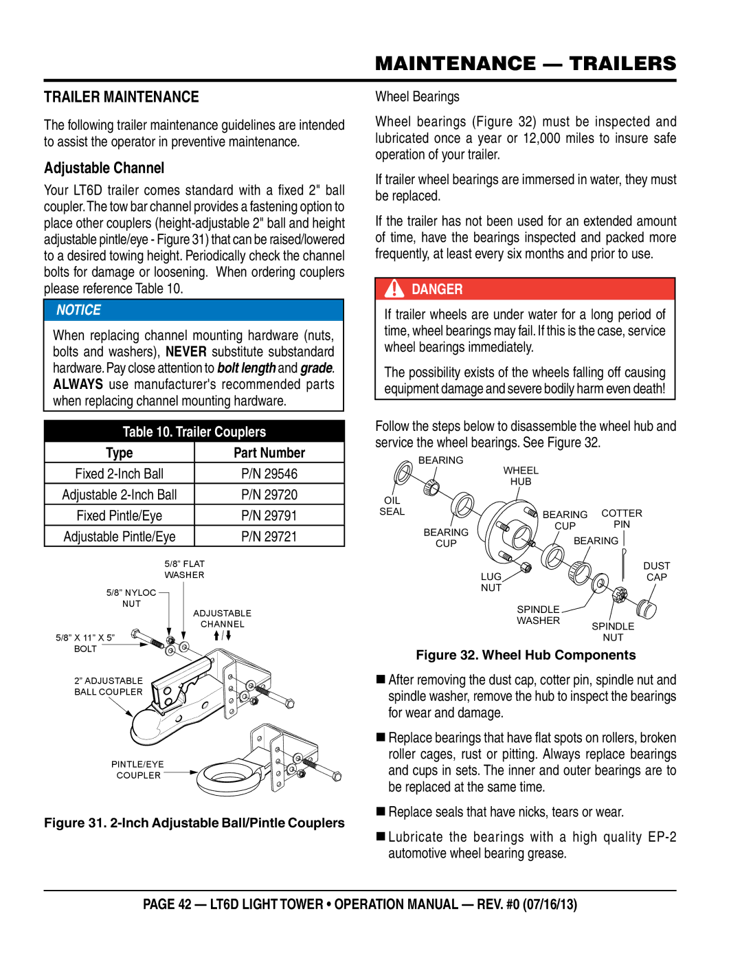 Multiquip LT6D operation manual Maintenance Trailers, Adjustable Channel, Trailer Couplers, Type Part Number 