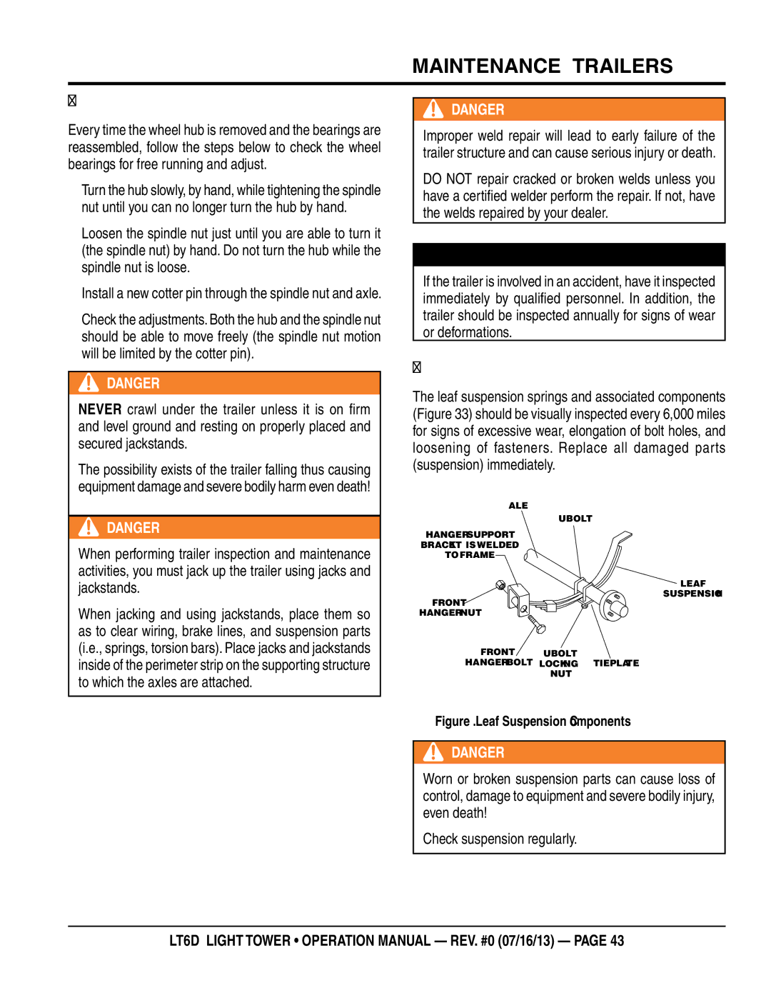 Multiquip LT6D operation manual Wheel Hub Adjustment, Leaf Suspension 