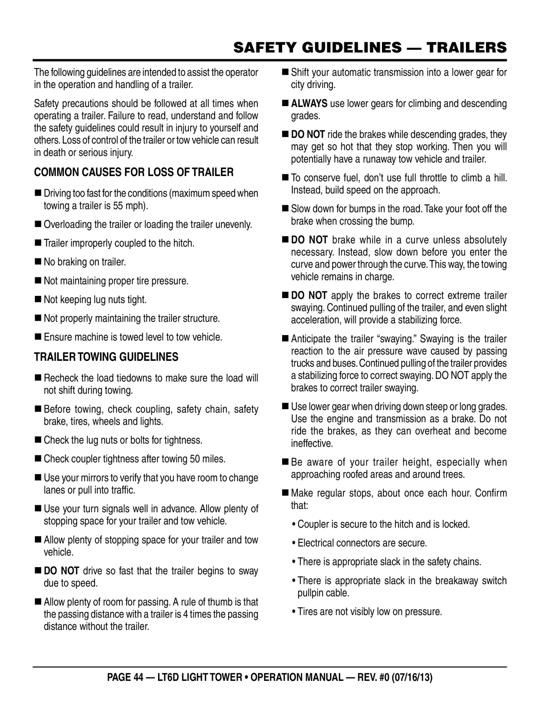 Multiquip LT6D operation manual COmmOn Causes for LOss of TRaILeR, TRaILeR TOWIng guIDeLInes 