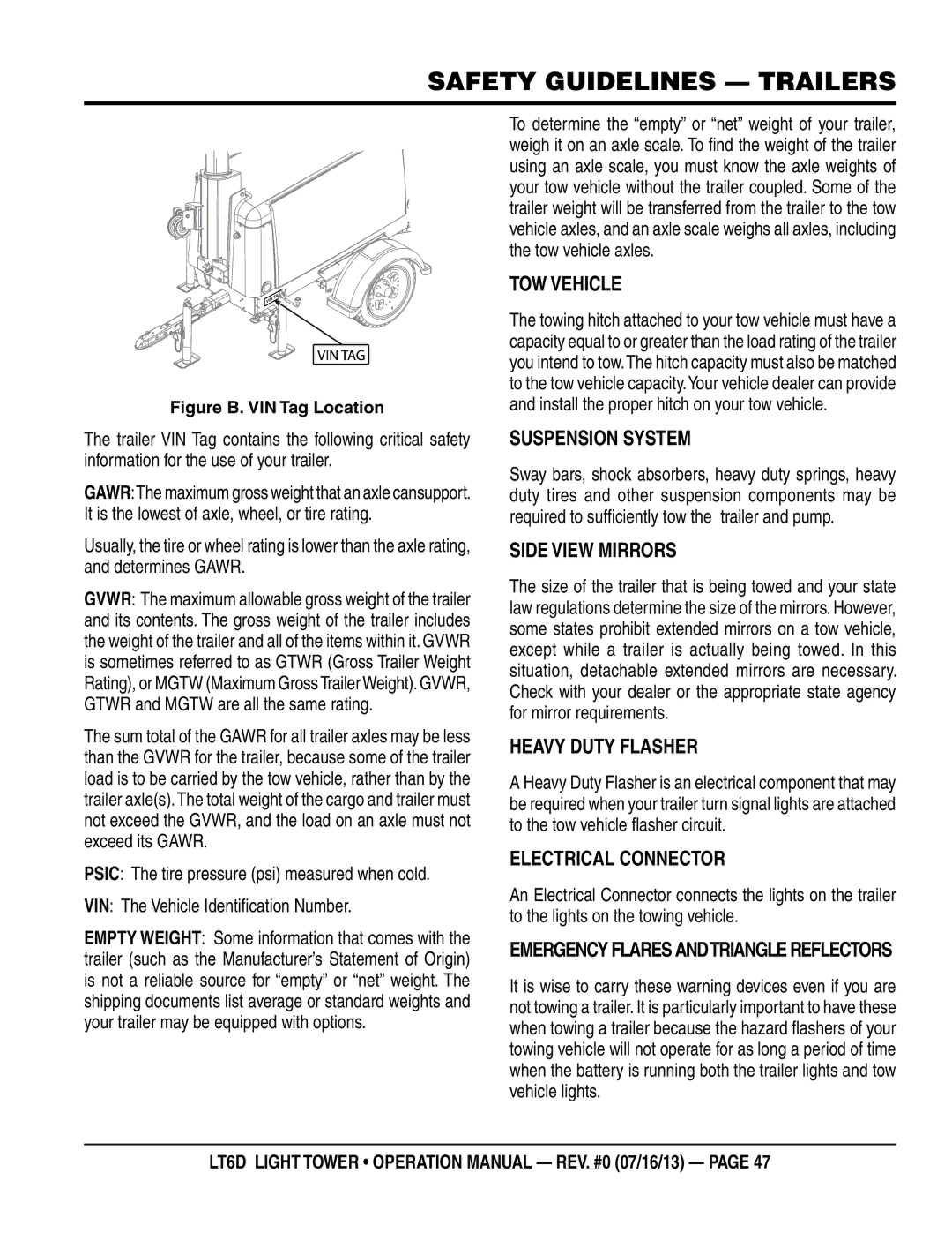 Multiquip LT6D operation manual TOW veHICLe, SuspensIOn sYsTem, SIDe vIeW mIRRORs, HeavY DuTY FLasHeR, ELeCTRICaL COnneCTOR 