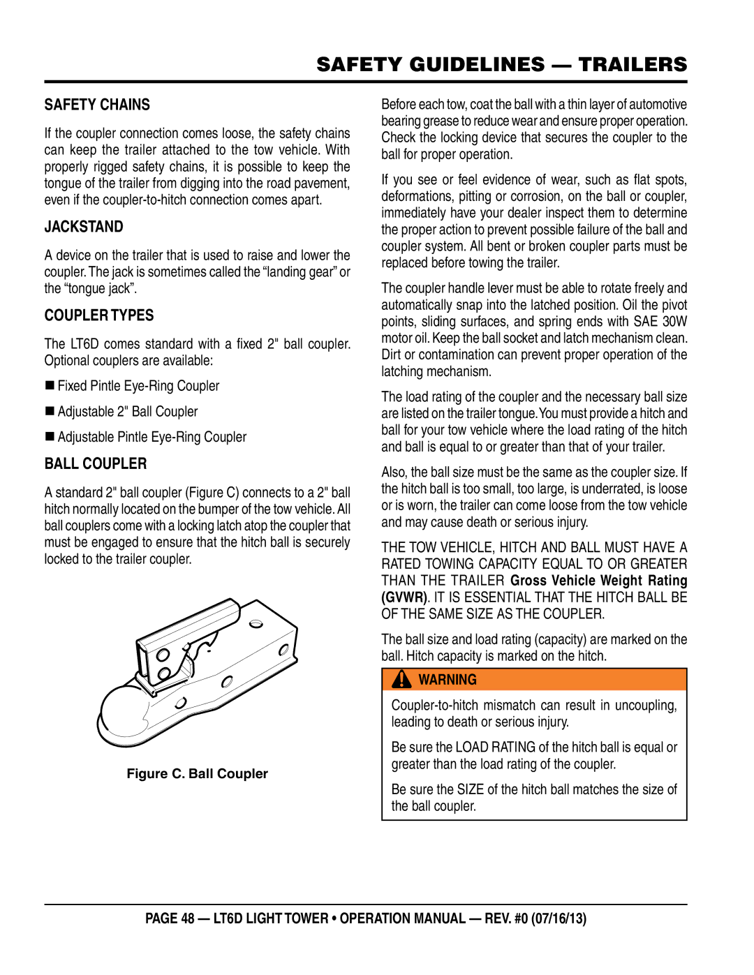 Multiquip LT6D operation manual SaFeTY CHaIns, JaCKsTanD, COupLeR TYpes, BaLL COupLeR 