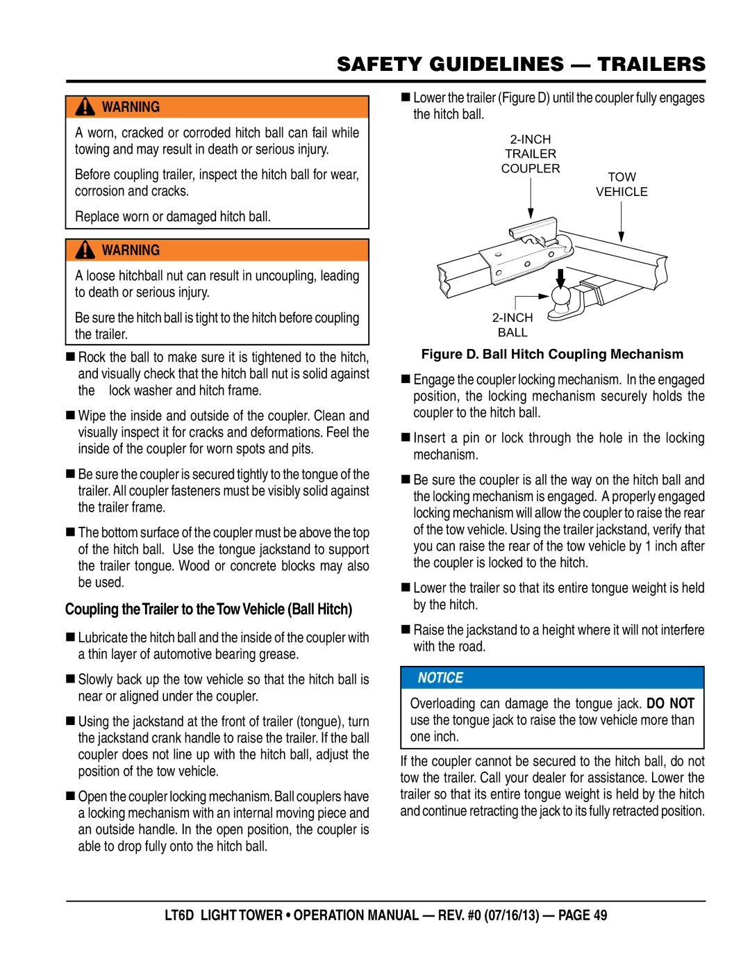 Multiquip LT6D operation manual Before coupling trailer, inspect the hitch ball for wear, Lock washer and hitch frame 