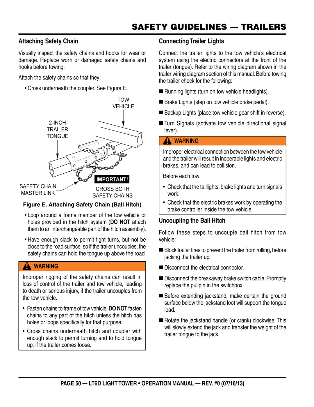 Multiquip LT6D operation manual Attaching safety Chain, Connecting Trailer Lights, Uncoupling the Ball Hitch 