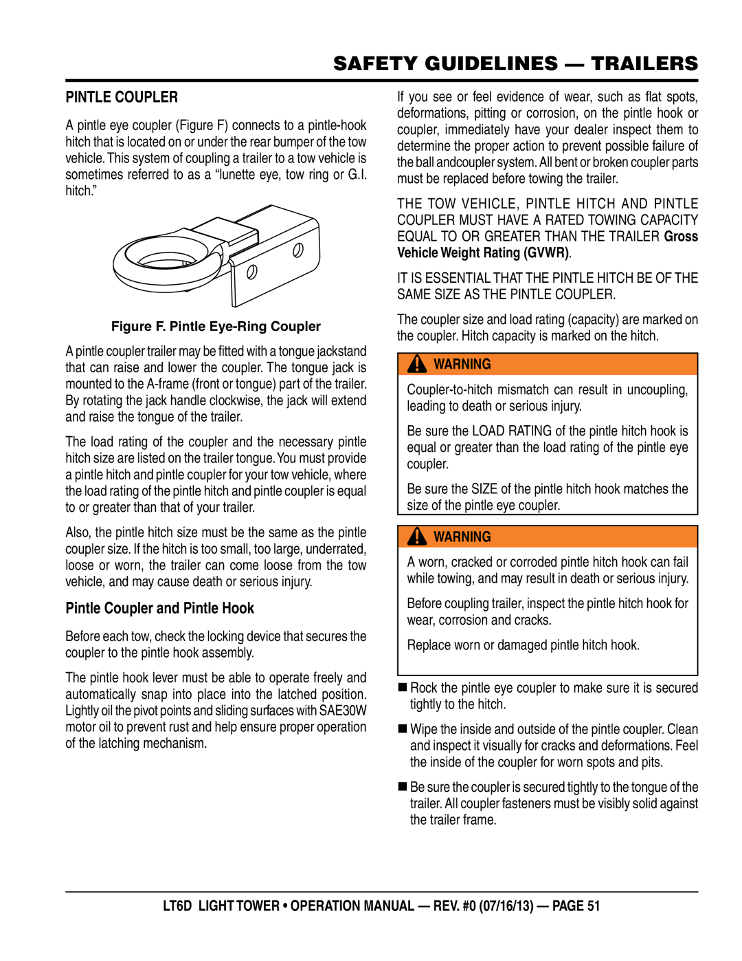 Multiquip LT6D operation manual PInTLe COupLeR, Pintle Coupler and pintle Hook 