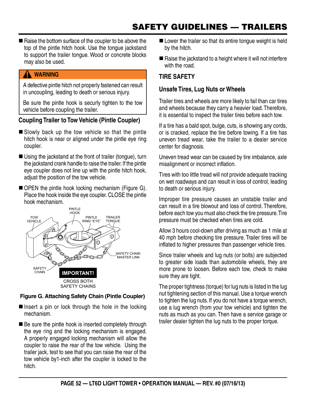 Multiquip LT6D operation manual Unsafe Tires, Lug nuts or Wheels, Coupling Trailer to Tow vehicle pintle Coupler 