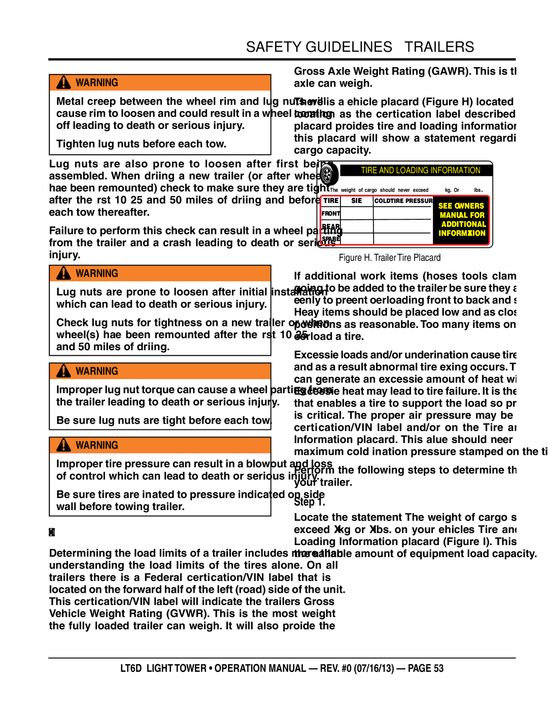 Multiquip LT6D operation manual Determining Load Limit of Trailer, Step, Tighten lug nuts before each tow 