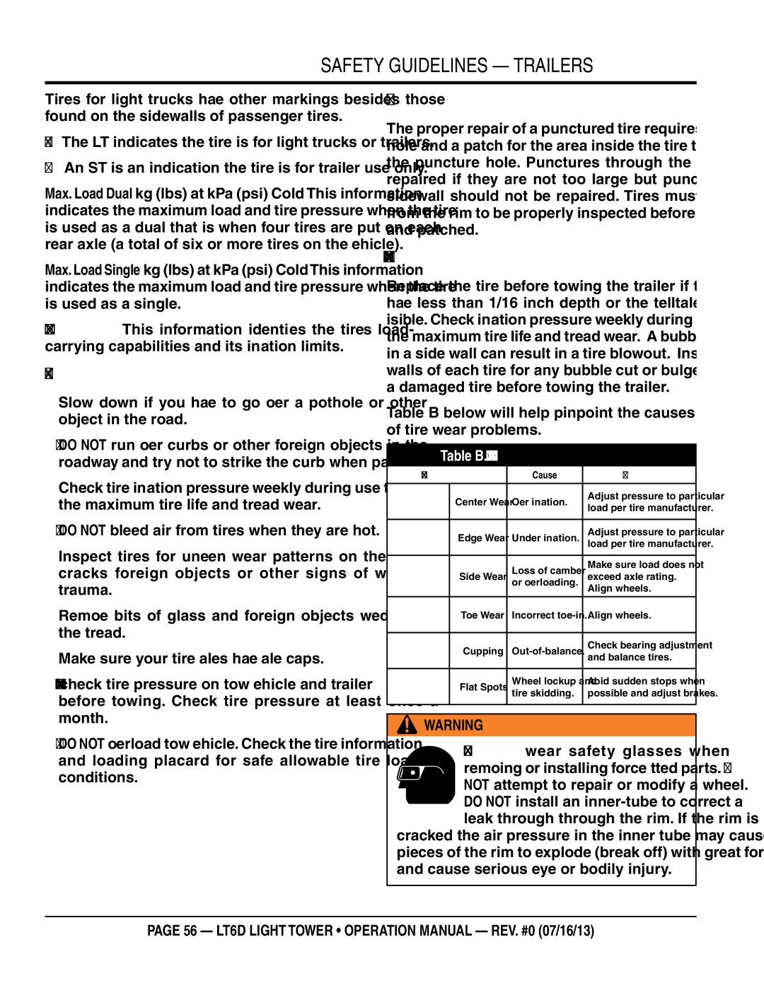 Multiquip LT6D Tire Safety Tips, Tire Repair, Replacing Worn or Damaged Tires, Table B. Tire Wear Troubleshooting 