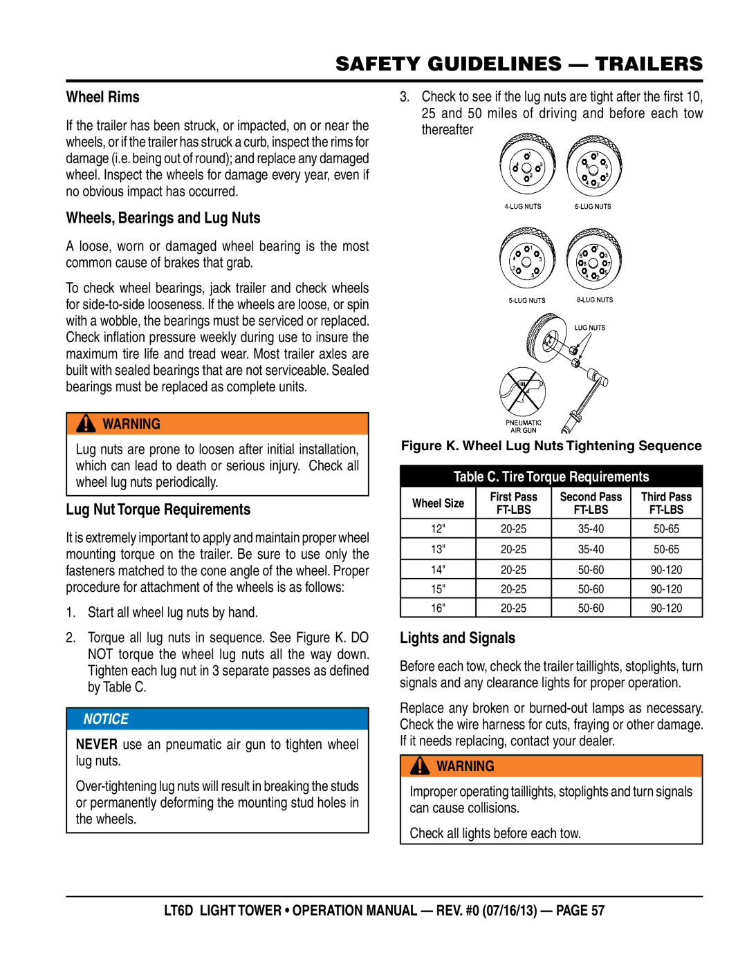 Multiquip LT6D operation manual Wheel Rims, Wheels, Bearings and Lug nuts, Lug nut Torque Requirements, Lights and Signals 