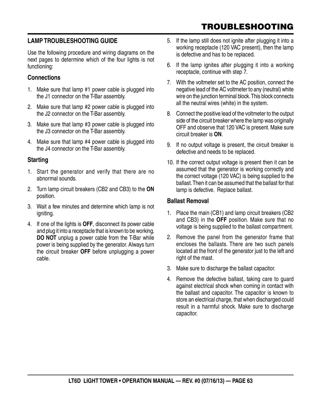 Multiquip LT6D operation manual Lamp Troubleshooting Guide, Connections, Starting, Ballast Removal 