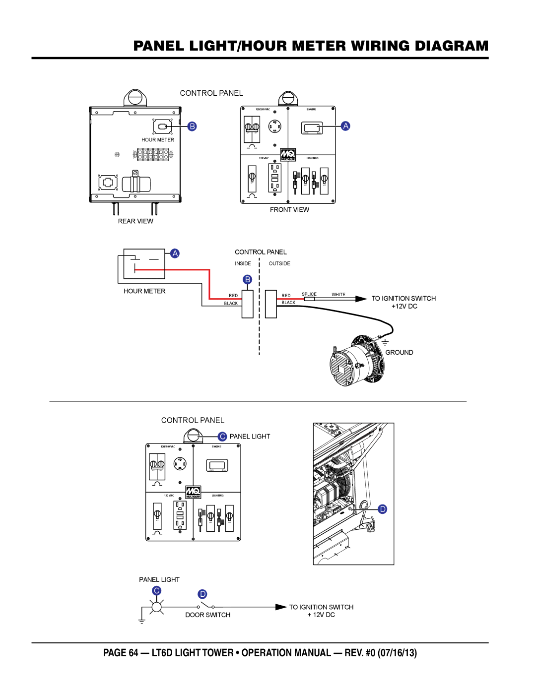 Multiquip LT6D operation manual Panel light/hour meter wiring diagram, Control Panel 