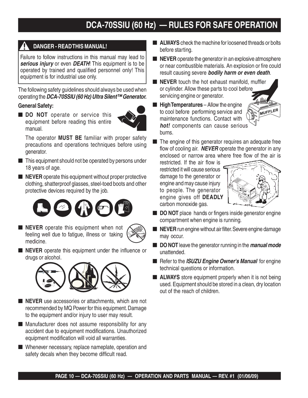 Multiquip M2870300504 operation manual DCA-70SSIU 60 Hz Rules for Safe Operation, General Safety, Burns 