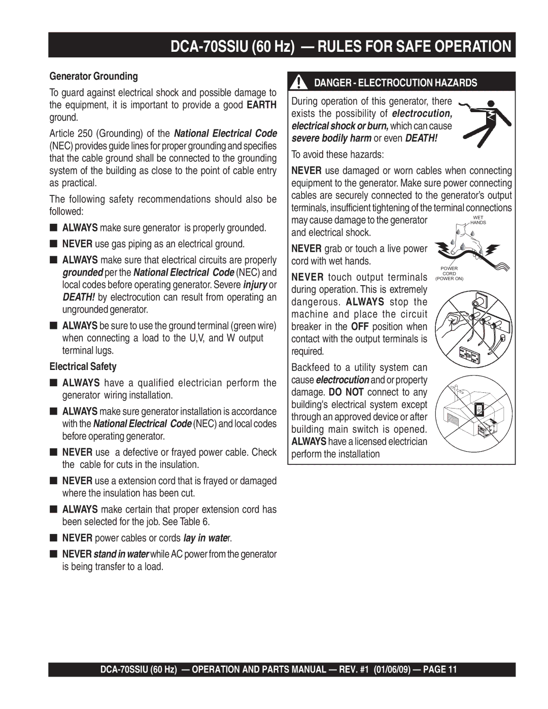 Multiquip M2870300504 operation manual DCA-70SSIU 60 Hz Rules for Safe Operation, Generator Grounding, Electrical Safety 