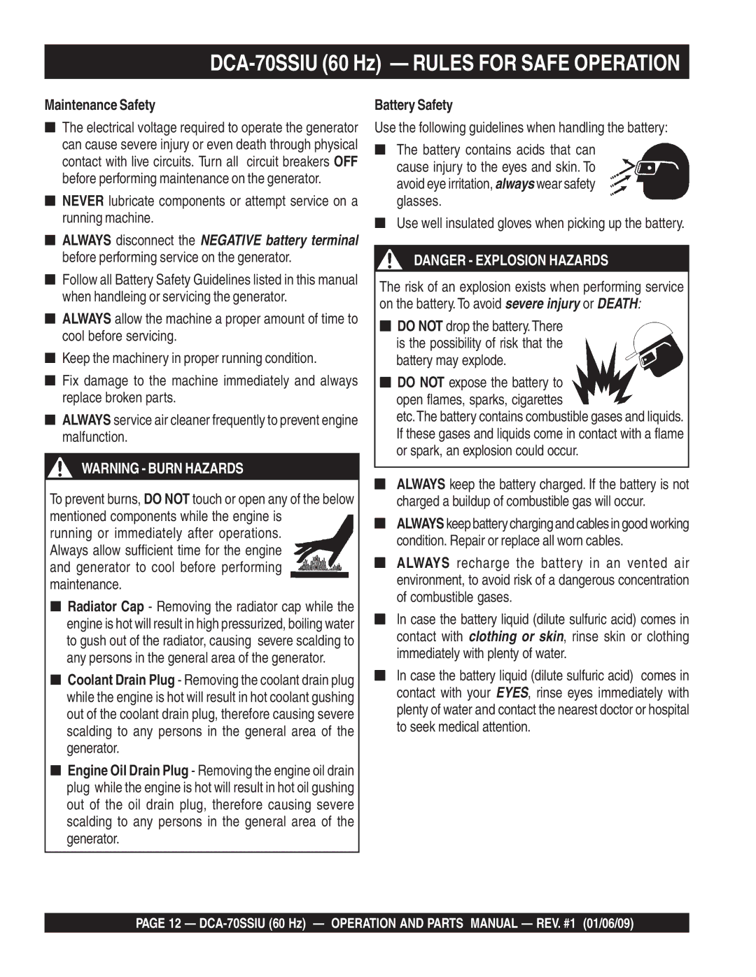 Multiquip M2870300504 operation manual Maintenance Safety, Battery Safety 