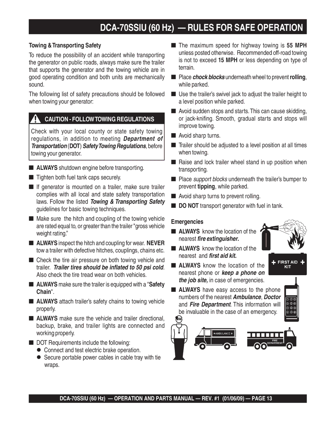 Multiquip M2870300504 operation manual Towing &Transporting Safety, Emergencies 