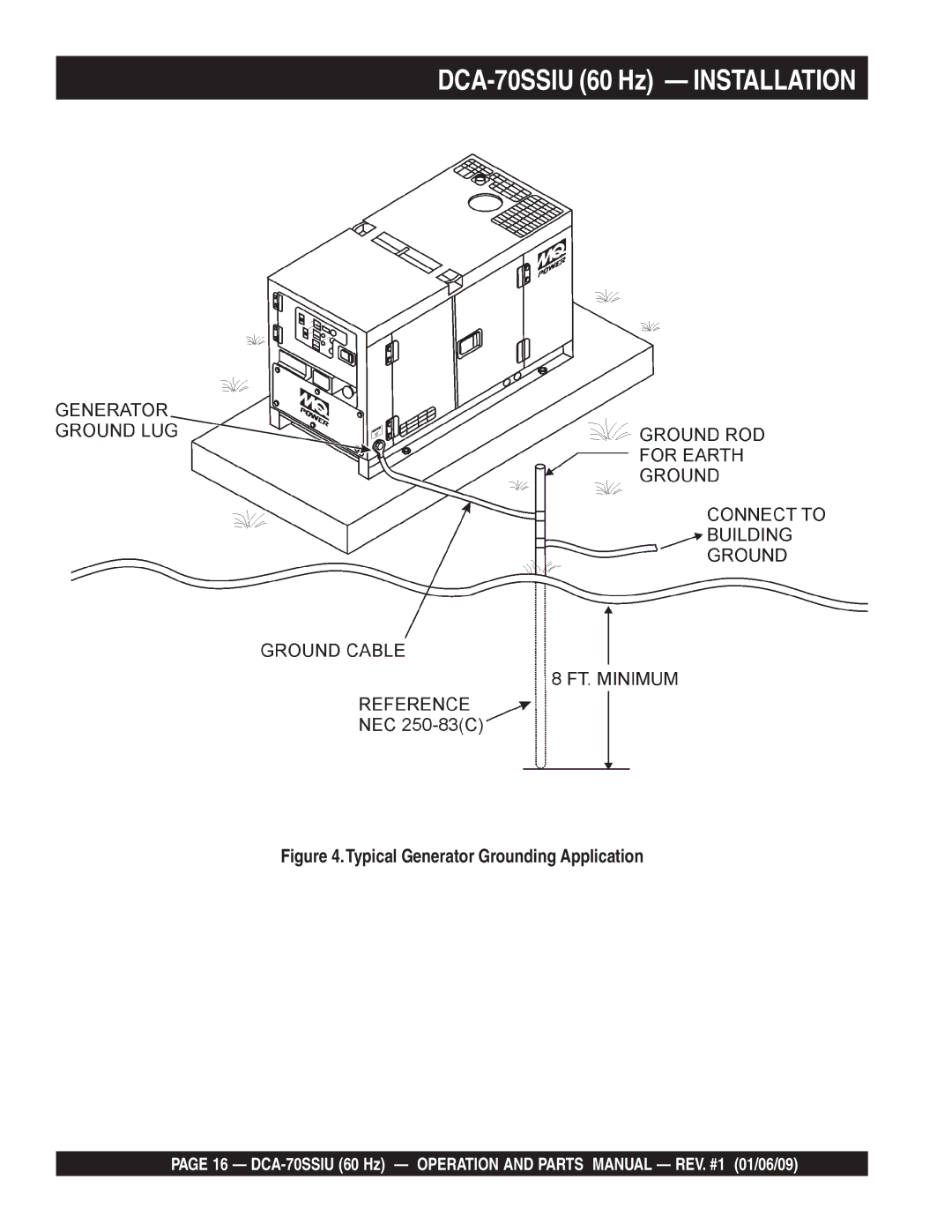 Multiquip M2870300504 operation manual DCA-70SSIU 60 Hz Installation, Typical Generator Grounding Application 