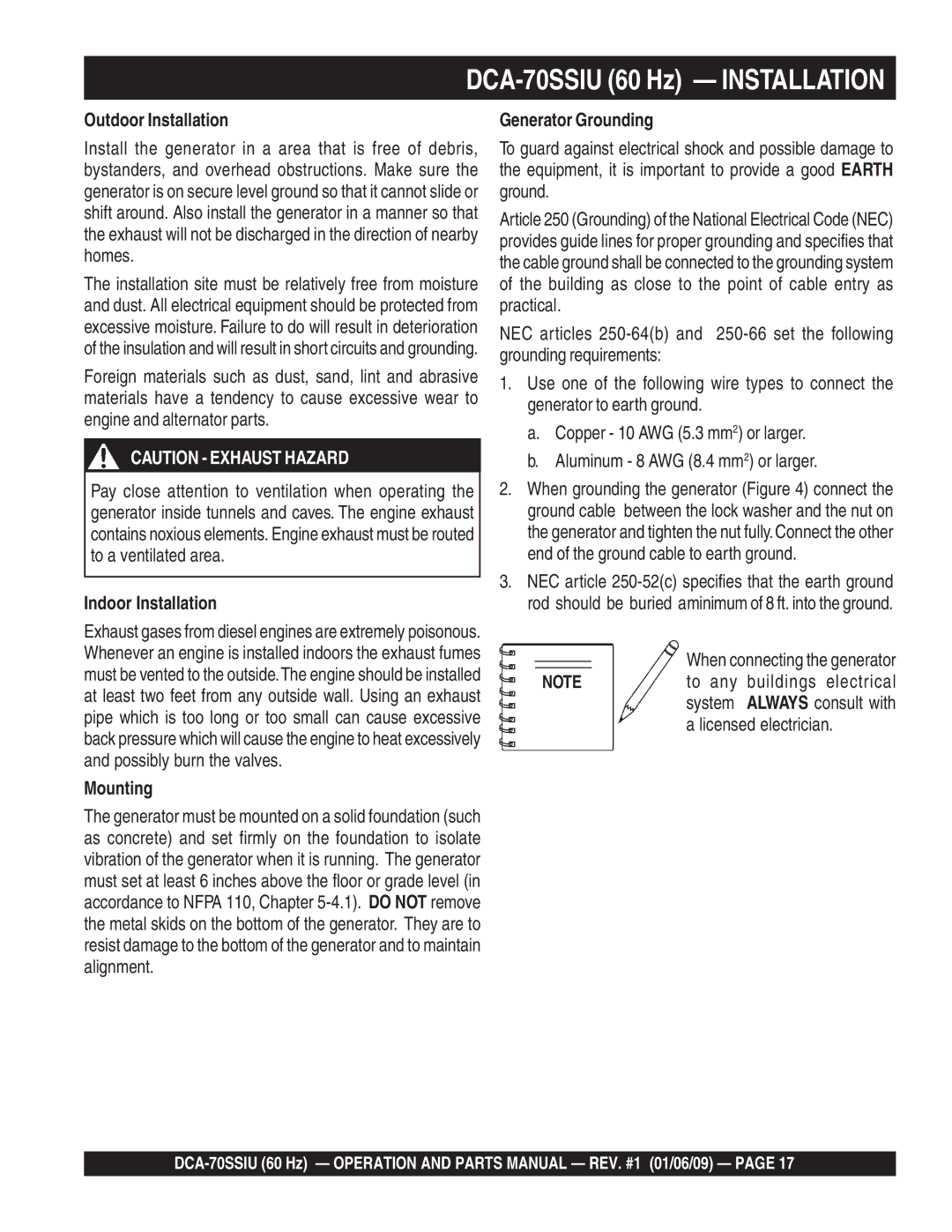 Multiquip M2870300504 operation manual DCA-70SSIU 60 Hz Installation, Outdoor Installation, Indoor Installation, Mounting 