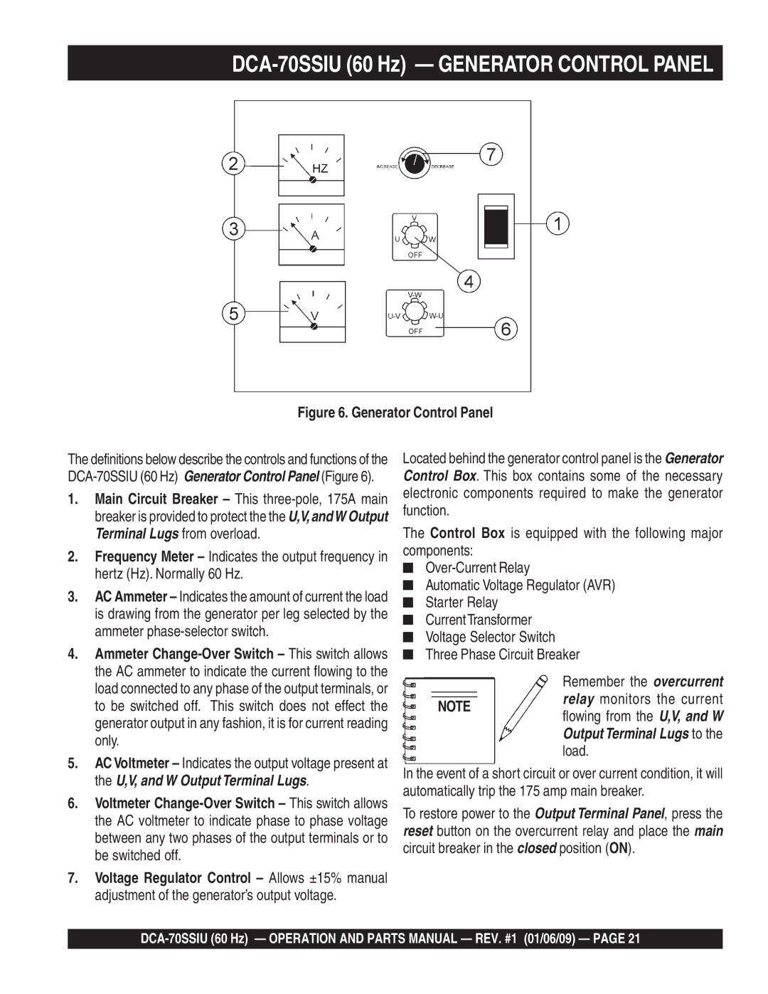 Multiquip M2870300504 operation manual DCA-70SSIU 60 Hz Generator Control Panel 