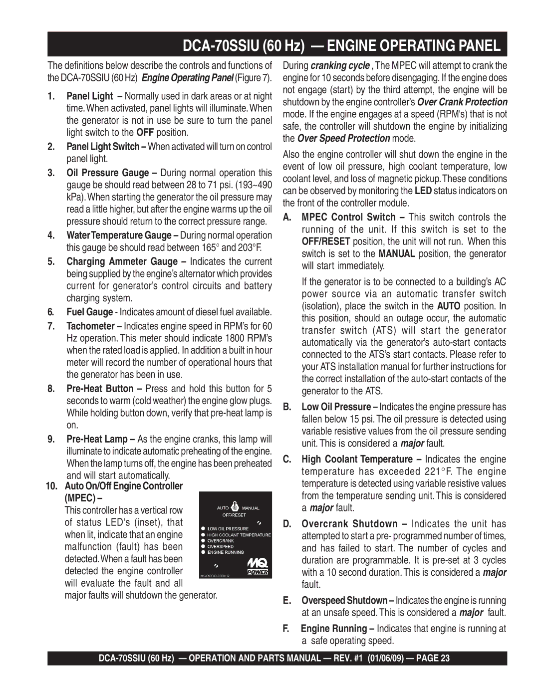 Multiquip M2870300504 operation manual DCA-70SSIU 60 Hz Engine Operating Panel, Auto On/Off Engine Controller Mpec 