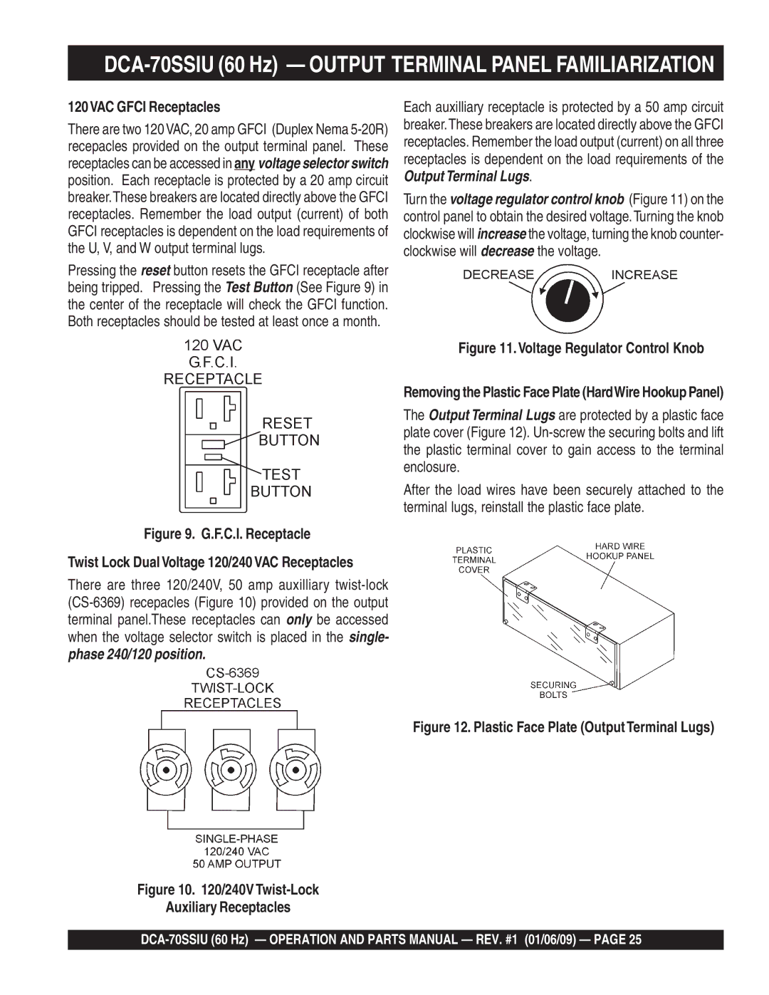 Multiquip M2870300504 operation manual DCA-70SSIU 60 Hz Output Terminal Panel Familiarization, 120VAC Gfci Receptacles 