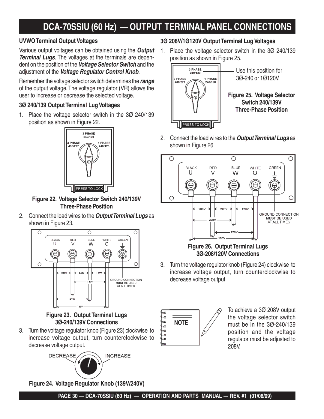 Multiquip M2870300504 operation manual DCA-70SSIU 60 Hz Output Terminal Panel Connections, Uvwo Terminal Output Voltages 