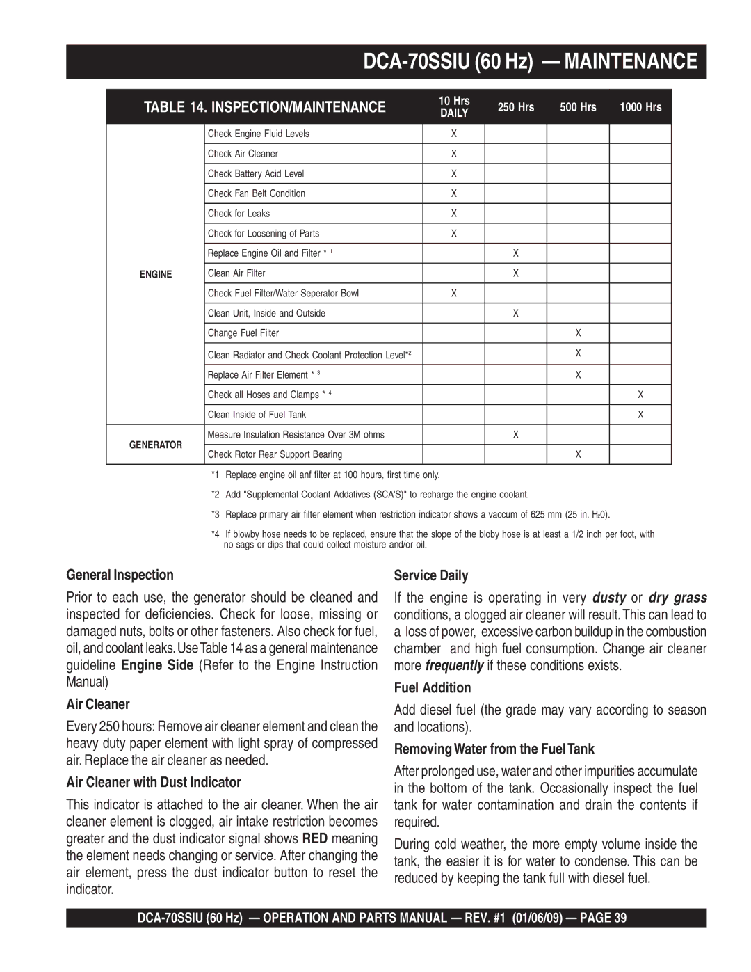 Multiquip M2870300504 operation manual DCA-70SSIU 60 Hz Maintenance 