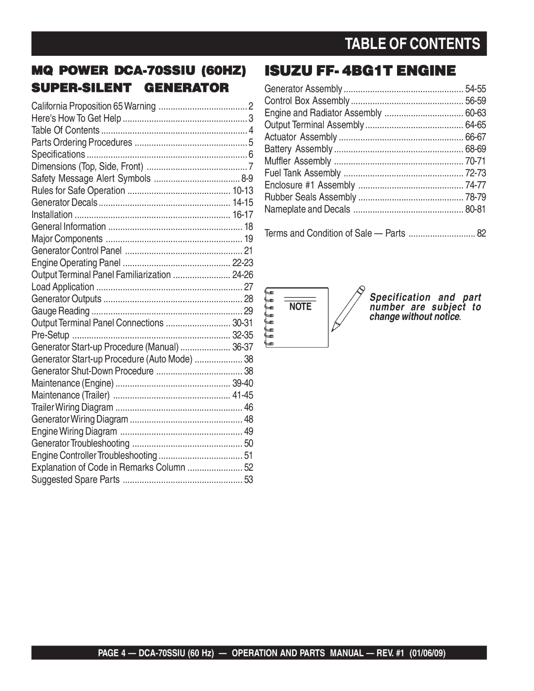 Multiquip M2870300504 operation manual Table of Contents 